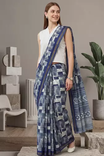 Blue linen geometric bollywood digital print saree