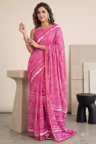 Pink linen shibori bollywood digital print saree