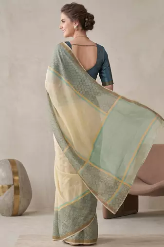beige chanderi geometric digital print bollywood saree