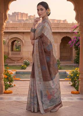 brown chanderi digital printed ready to wear saree 2