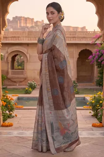brown chanderi digital printed ready to wear saree