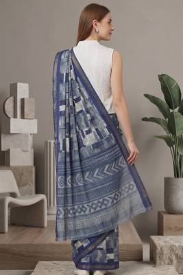 Blue linen geometric bollywood digital print saree 3