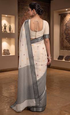 off white & grey chanderi ethnic butti printed ready to wear saree 4