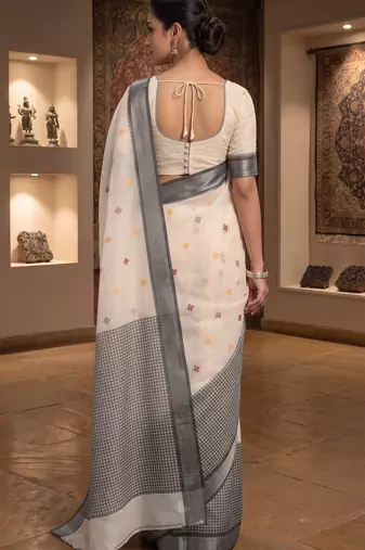 off white & grey chanderi ethnic butti printed ready to wear saree