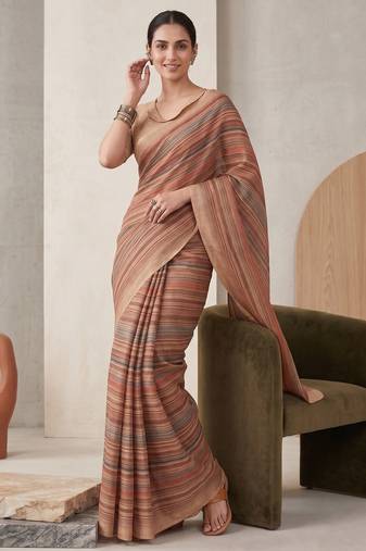 Multicolor linen striped bollywood digital print saree