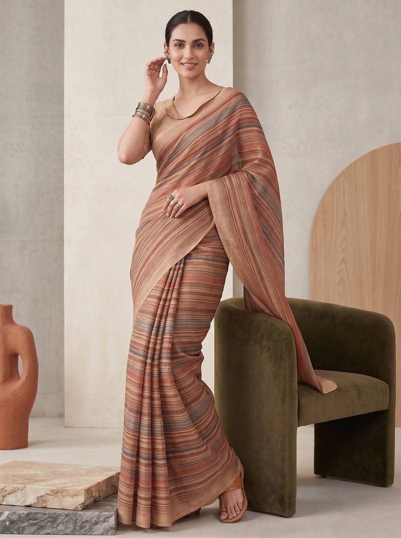 Multicolor linen striped bollywood digital print saree
