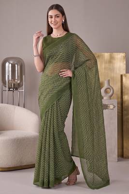 olive green chanderi zig-zag digital print bollywood saree 1