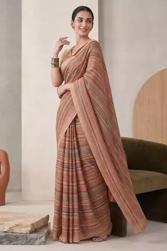 Multicolor linen striped bollywood digital print saree