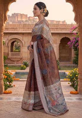 brown chanderi digital printed ready to wear saree 3