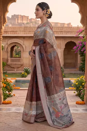 brown chanderi digital printed ready to wear saree