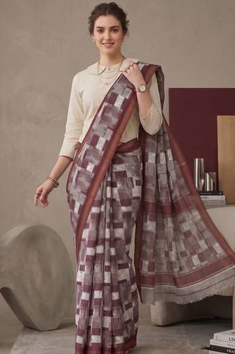 Maroon linen geometric bollywood digital print saree
