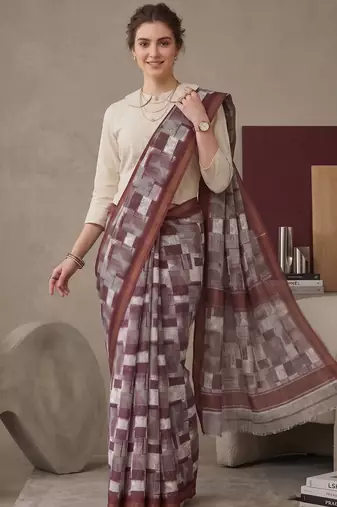 Maroon linen geometric bollywood digital print saree