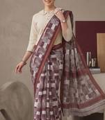 Maroon linen geometric bollywood digital print saree
