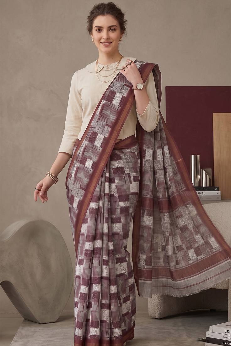 Maroon linen geometric bollywood digital print saree