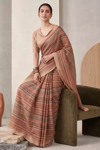 Multicolor linen striped bollywood digital print saree