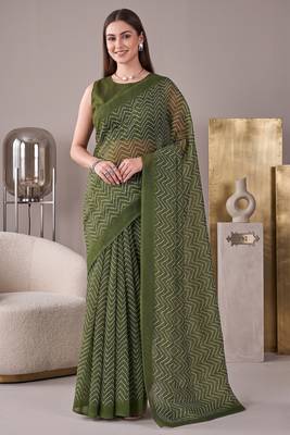 olive green chanderi zig-zag digital print bollywood saree 2