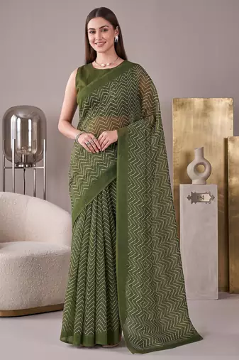 olive green chanderi zig-zag digital print bollywood saree