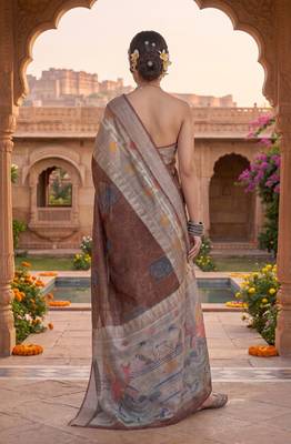 brown chanderi digital printed ready to wear saree 4