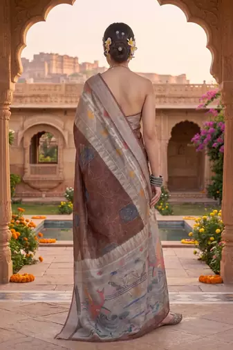 brown chanderi digital printed ready to wear saree