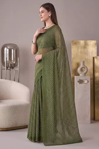 olive green chanderi zig-zag digital print bollywood saree