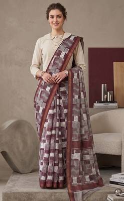 Maroon linen geometric bollywood digital print saree 2