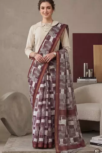Maroon linen geometric bollywood digital print saree