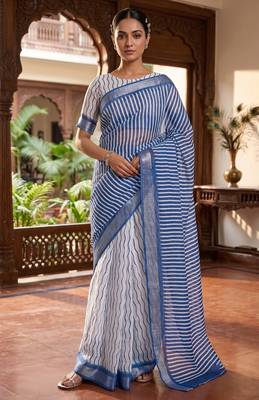 blue & white chanderi leheriya printed ready to wear saree 1