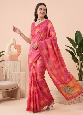 Rose pink linen floral bollywood digital print saree 1