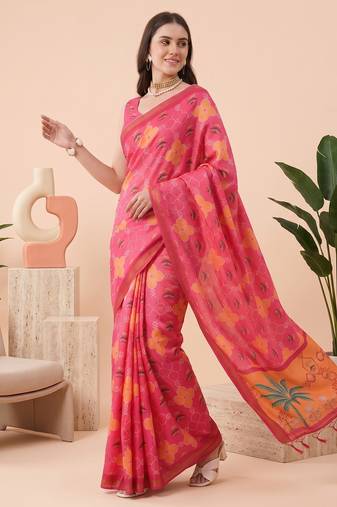 Rose pink linen floral bollywood digital print saree