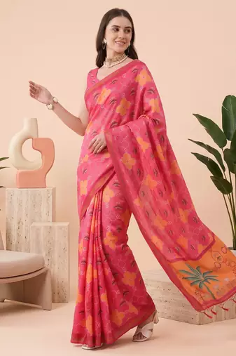 Rose pink linen floral bollywood digital print saree