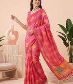Rose pink linen floral bollywood digital print saree
