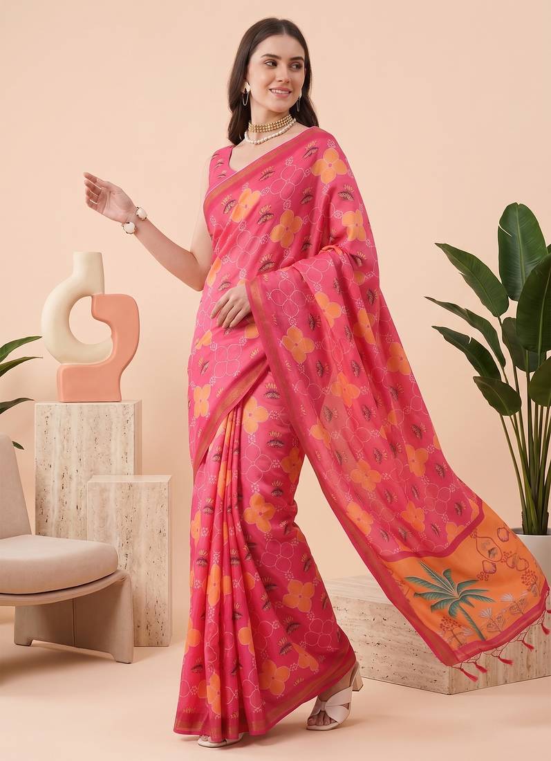 Rose pink linen floral bollywood digital print saree