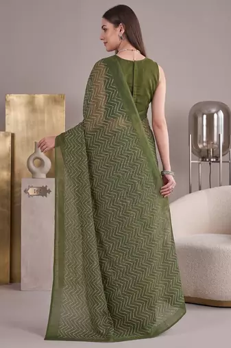 olive green chanderi zig-zag digital print bollywood saree