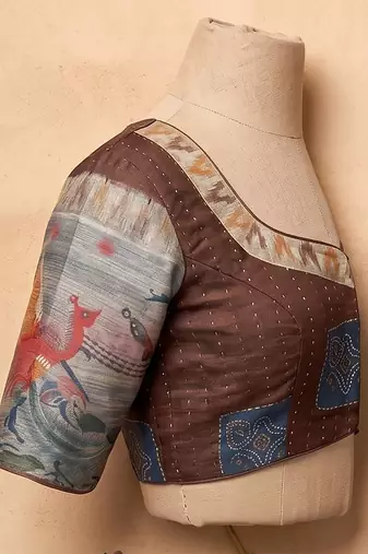 brown chanderi digital printed ready to wear saree