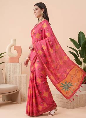 Rose pink linen floral bollywood digital print saree 2