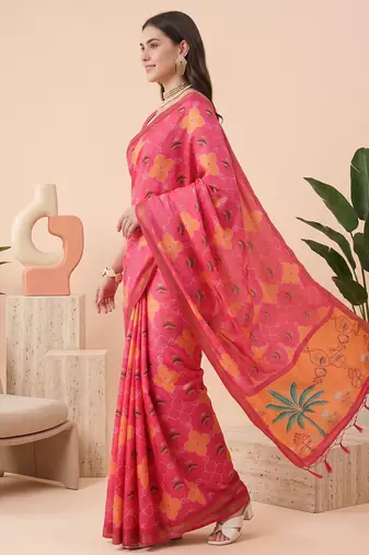 Rose pink linen floral bollywood digital print saree