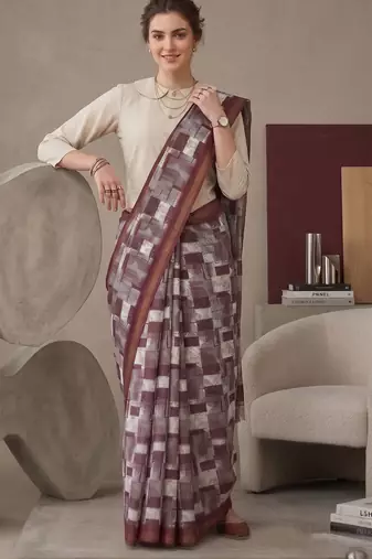Maroon linen geometric bollywood digital print saree