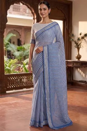blue & white chanderi leheriya printed ready to wear saree