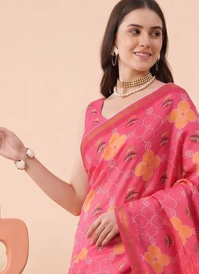 Rose pink linen floral bollywood digital print saree 3