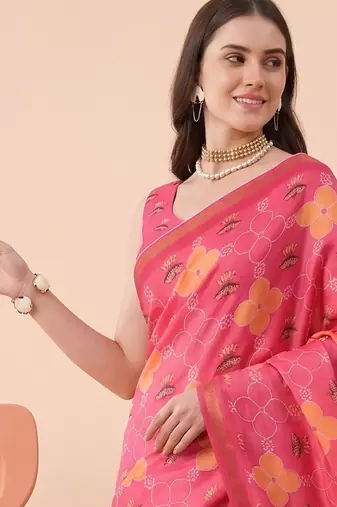 Rose pink linen floral bollywood digital print saree
