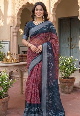 brown & grey chanderi bandhani printed ready to wear saree 1