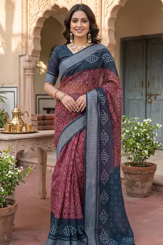 brown & grey chanderi bandhani printed ready to wear saree