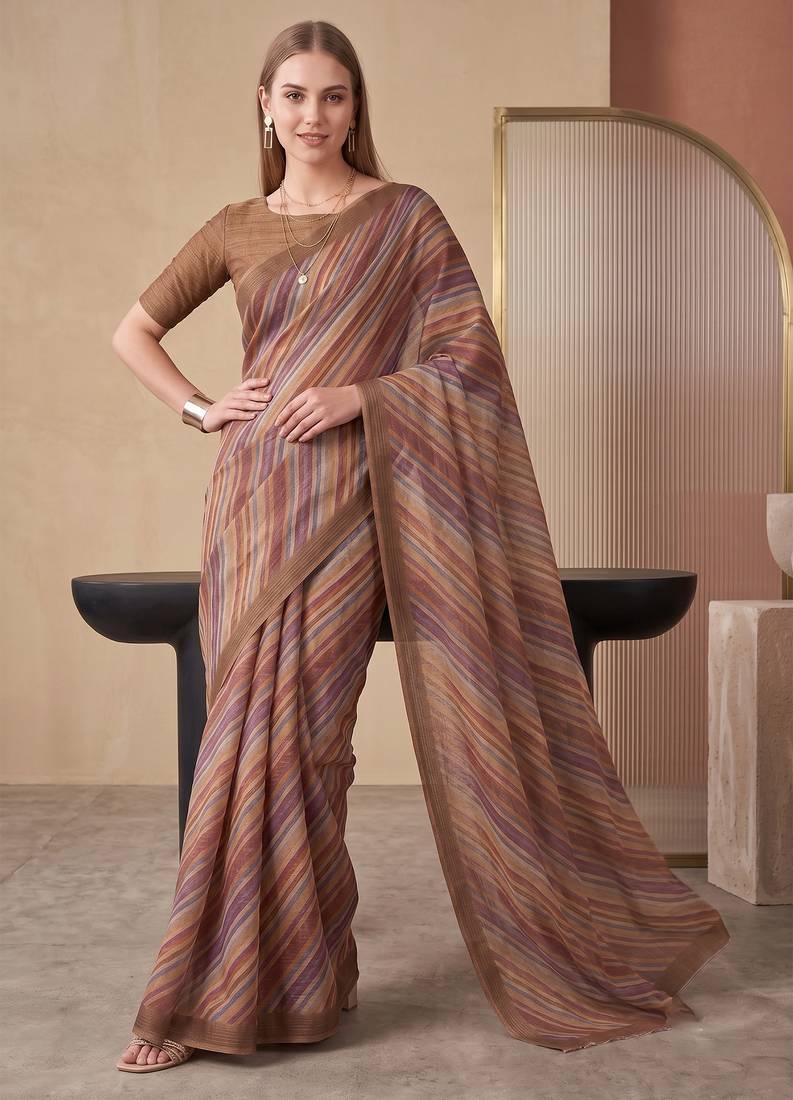 Multicolor linen striped bollywood digital print saree