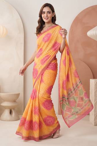 Yellow linen bandhani bollywood digital print saree