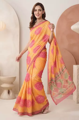 Yellow linen bandhani bollywood digital print saree