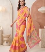 Yellow linen bandhani bollywood digital print saree