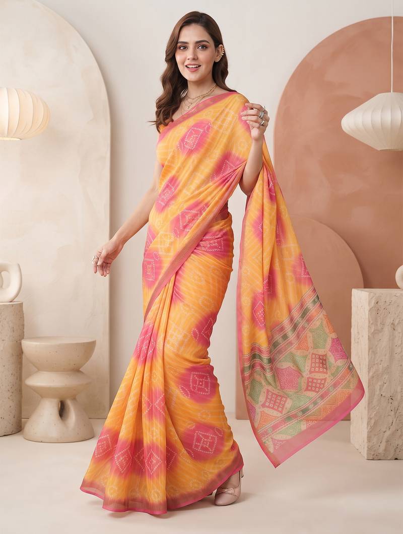 Yellow linen bandhani bollywood digital print saree