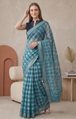 Teal green linen geometric bollywood digital print saree 1