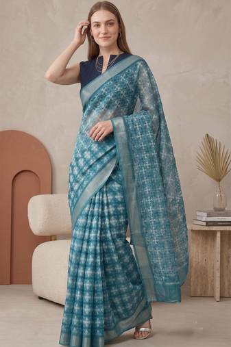 Teal green linen geometric bollywood digital print saree