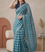 Teal green linen geometric bollywood digital print saree